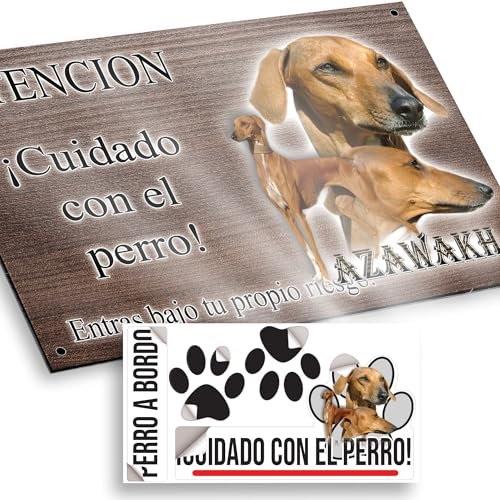 Lebrel Azawakh Cartel Cuidado Perro Peligroso 20x12,5cm - Diseño Madera Marrón Dibond con Pegatina Coche 20x5cm