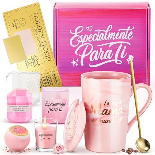 XVB Regalo Dia de La Madre, Cumpleaños y Navidad, Taza Cerámica 340 ml | Taza 340 ml, tapa, cuchara, vela, bomba de baño, jabón, red y tarjeta