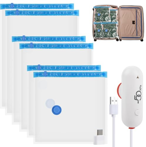 DODUOS Vakuumbeutel für Kleidung mit USB-Elektropumpe Reise, 6 Stück Vacuum Bags for Clothing Travel (2× 40×40cm, 2× 40×50cm, 2× 40×60cm), Wiederverwendbare Vakuumbeutel für Reisen Kleidersack Vakuum