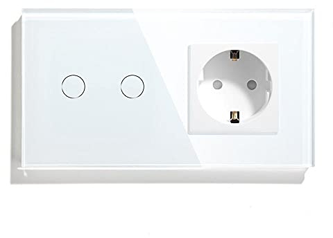 Fymlok Interruptor Táctil,Interruptor Inteligente Touch Dimmer Interruptor 2 pandillas con el Enchufe del Interruptor de Pared estándar 3 Colores Panel de Vidrio 157mm Toque Dimmer(White)