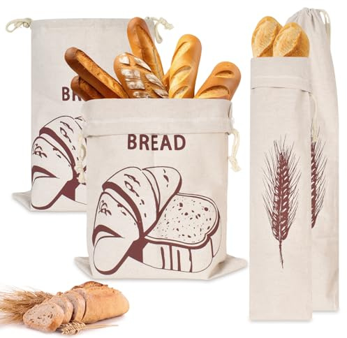 Rylae 4 Piezas Bolsas de Pan Lino con Cordón, Bolsa Pan Tela para Colgar, Bolsa de Almacenamiento Reutilizables para Tostadas, Baguettes, Frutas, Verduras, 15 x 65cm y 30 x 40cm