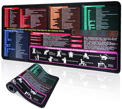 Schreibtischunterlage, Excel Schreibtischunterlage Deutsch 800x300x3mm Wasserdichte Mauspad Deutsch Excel shortcuts unterlage Mousepad für Büro und Zuhause