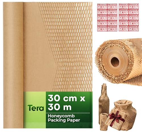Tera Papel Acolchado Kraft Embalaje : Rollo 30 cm × 30 m 80gsm con 20 Pegatinas Fragile Estirable 1,6× Ecológico Reciclable Alternativa al Plástico de Burbujas