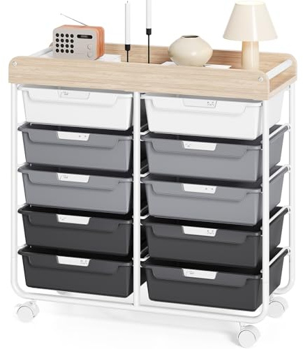 KINGRACK Rollcontainer mit 10 Schubladen, Rollwagen mit Schubladen für Bastelbedarf, Kunstmaterialien, Home Offices und Klassenzimmer (Grau)