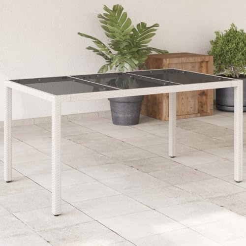HaoChrymec Gartentisch Weiß mit Hartglas Tischplatte, PE-Rattan und Pulverbeschichtetem Stahlrahmen, Wetterfest, Loungetisch für Garten und Terrasse, 150 x 90 x 75 cm