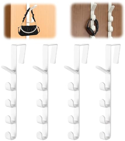 Huahuanghui 4 Stück x 5 Haken Türhaken zum Einhängen,Türgarderobe zum Einhängen,Stabile Türhaken Innenseite,Türgarderobe Innenseite,Kleiderhaken Tür,Platzsparende Kleiderhaken für Tür (Weiß)