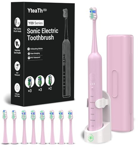 Elektrisk sonisk tandborste för vuxna och barn, 5 rengöringslägen med 3 intensitetsnivåer, timer, 8 reservborsthuvuden och resväska, uppladdningsbar Sonic Toothbrush rosa
