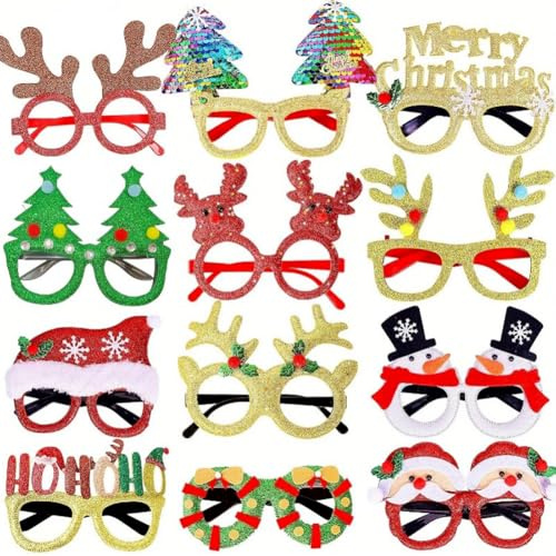 ZesGlyxyr Weihnachtsbrille, 12 Stück Kreative Weihnachten Brillen Party, Weihnachtsbaum Rentier Partybrille, Kreative Weihnachtsdekorationen, Geeignet für Kinder, Jugendliche, Erwachsene F