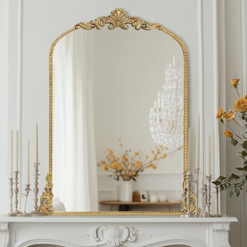 G-LEAF Bogen-Wandspiegel, Antiker Spiegel im Barockstil, 90cm x 60cm, Metallrahmen mit Perlenverzierung, großer moderner Spiegel für Eingangsbereich, Badezimmer oder Schlafzimmer, Vintage Gold