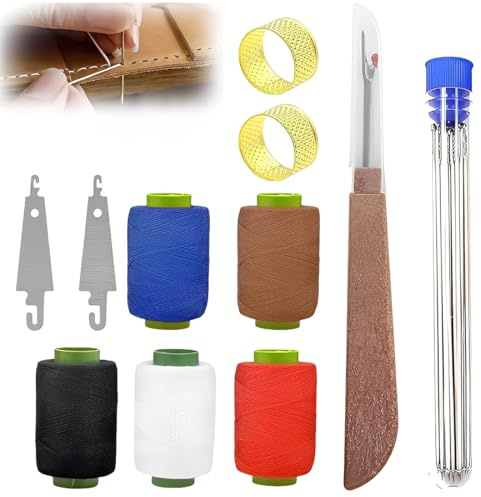 VRYNDH Kit de 41 aiguilles à coudre pour cuir, aiguilles couture,kit de couture avec fil ciré pour cuir, aiguilles courbes à main, dé à coudre, pour réparer les chaussures, les ceintures