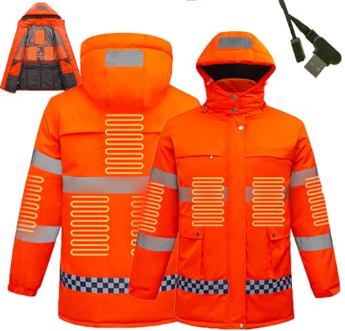 Veste Bomber Imperméable 2 En 1 Haute Visibilité, Veste Chauffante Pour Homme, Vêtement De Sécurité Chaud Pour L'hiver Avec Bandes Réfléchissantes Et Poches, 8 Zones De Chauffage(Orange,M)
