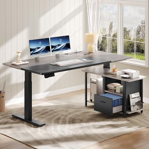 YITAHOME L Shaped Standing Desk with Power Outlets, 70.1 Electric Standing Desk Adjustable Height Sit Stand Corner Standing Desks Executive Desk with Drawers & Shelves, Grey + Black