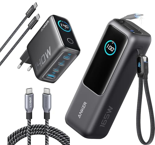 Anker Laptop Power Bank (25000mAh, 165W, 100W USB-C Ports) & Caricatore (Laptop, 140W USB C, 4-Port) & Prime Cavo USB C (240W, 1,8m, Nylon)