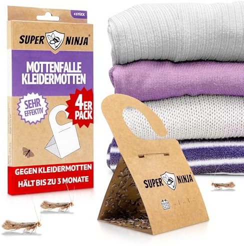Super Ninja Antipolillas para Ropa de Armario, Trampa Polillas, Pack de 4 | Con Feromonas para Polillas de la Ropa, Superficie Ultra Adhesiva, Dorso Autoadhesivo, Sin Olor, para Cajón y Alfombra