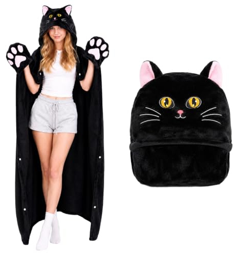 Emwwat Decke Mit ärmeln Und Kapuze,Hoodie Decke Flanell Sofadecke,Warm,Kapuzendecke Flauschig Schwarze Katze Weich, für Zuhause Reisen Geburtstagsgeschenk und Tierliebhaber