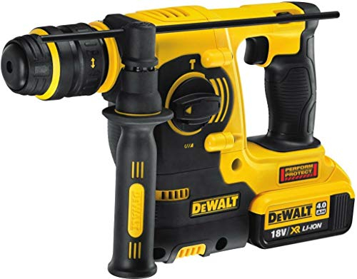 DeWalt TASSELLATORI SDS PLUS 18V 24mm 24mm, energia del colpo 2.1J (EPTA 05/2009), potenza resa 400W, velocità 0-1200 giri/min, 0-4500 perc/min, 3 modalità di lavoro (rotazione, rotazione con percussione, percussione), 3.2Kg. DOTAZIONE: 2 batterie XR Litio da 4.0Ah, mandrino autoserrante 13mm ad aggangio rapido, caricabatterie universale, impugnatura laterale antivibrante, valigetta.