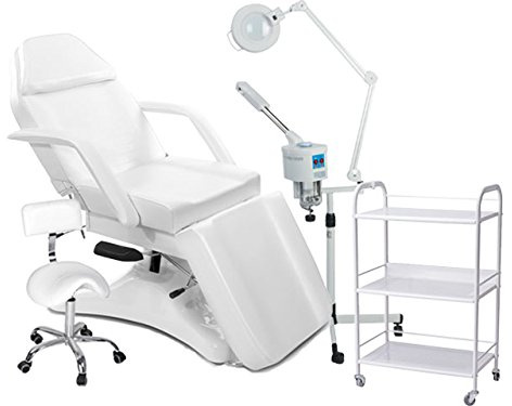 Medeo Kosmetikkabine 900234 weiß Liege + Arbeitsstuhl + Beistelltisch + Bedampfer