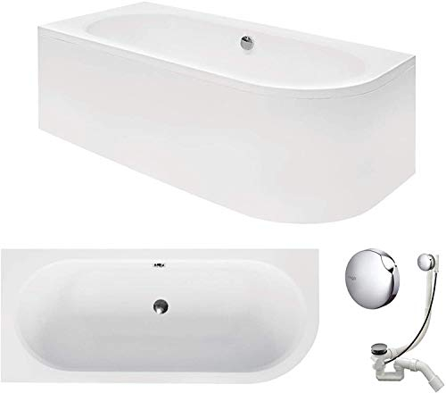VBChome Vasca da bagno 170 x 75 cm, in acrilico, set sifone, vasca ad angolo, colore bianco, design moderno, scarico per 2 persone a sinistra (vasca 170 x 75 sinistra + grembiule +