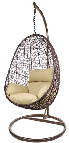 Kideo Komplettset: Hängesessel mit Gestell & Kissen, Lounge-Möbel, Poly-Rattan (Gestell- und Korbfarbe: braun, Kissen: Hellbraun Nest (7007_capucchino))