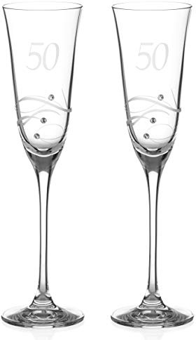 DIAMANTE Swarovski 50th Birthday or Anniversary Champagne Glasses – Pair of Crystal Champagne Flutes with Hand Etched “50” with Swarovski Crystals