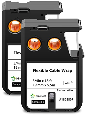 NineLeaf 2 Pack 19mm Black on White Flexible Cable Wrap Nylon Label Tape Compatible for DYMO 1868807 19mm(3/4) x5.5m(18ft) use in Rhino XTL-300 XTL-500 Label Printers
