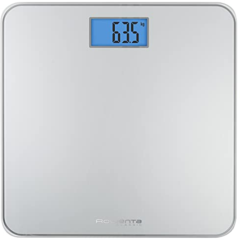 Rowenta Classic BS1500 - Báscula de baño con Pantalla LCD, Compacta, Capacidad de 160 kg, Plataforma de Vidrio y Apagado Automático que Incluye Pilas, color plata