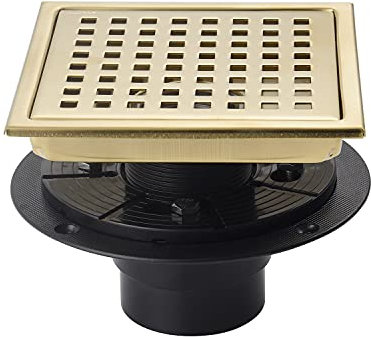SISEHO 6 Inch Shower Drain Brushed Gold with Adjustable Shower Drain Base Flange SUS304 Stainless Steel Floor Drain Cover Removable Mesh Grille