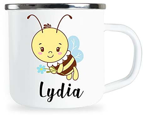 Personalisierte Kindertasse mit Name und niedlichem Bienen Motiv Emaille Tasse individuelle Geschenke Kind Geburtstag Geschenkidee für Kinder Mädchen Junge Metallbecher Emailletasse