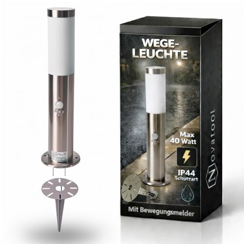 Novatool Gartenlampe I 45 cm I mit Bewegungsmelder I mit Erdspieß I Edelstahl I IP44 I E27 Sockel I Gartenleuchte Stehlampe Säulenlampe außen Außenlampe Aussenleuchten Sockelleuchte Pollerleuchte
