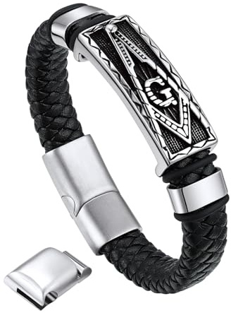 Bandmax Lederarmband Herren Mjölnir/Totenkopf/Freimaurerei Personalisiert Armbänder Männer Manschette Armband mit Magnetverschluss Wickelarmband Wikinger Armschmuck für Vater Ehemann