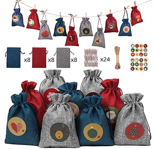 Adventskalender Stoffsäckchen zum Befüllen, Weihnachtskalender Filzsäckchen zum Selberfüllen, 24 Groß Geschenksäckchen Kette zum selber befüllbar und Aufhängen, Blau Grau Stoffbeutel für Männer Kinder
