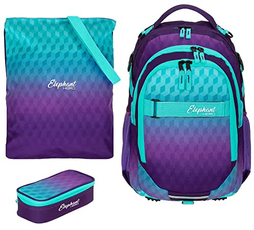 Elephant Schulrucksack Rucksack Hero 3tlg. Set 12868 Violet Cube rtm | Signature Schultasche mit Turnbeutel Sportbeutel Mäppchen Stifte Etui Lila Türkis Mädchen