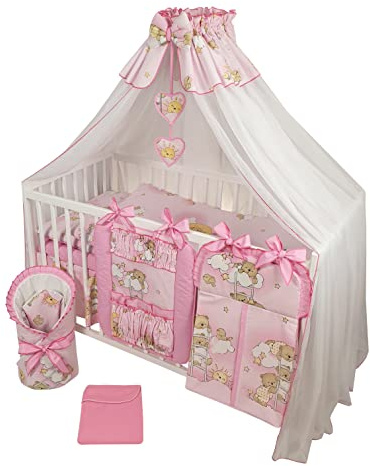 Bello24 - 16 Teiliges Babybett Kinderbett und Bettwäsche komplett Set Happy höhenverstellbar für Neugeborene Babys und Kleinkinder aus Massivholz in fantastischen Farben (Rosa Teddybär auf Leiter)