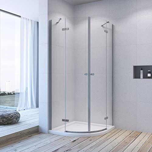 Viertelkreis Duschkabine Runddusche 80 x 80cm mit Drehtüren Eckeinstieg mit Nanobeschichtung Duschabtrennung Duschwand Dusche Radius 55cm aus 6mm ESG Glas Höhe 195cm Klarglas matt silber rahmenlos