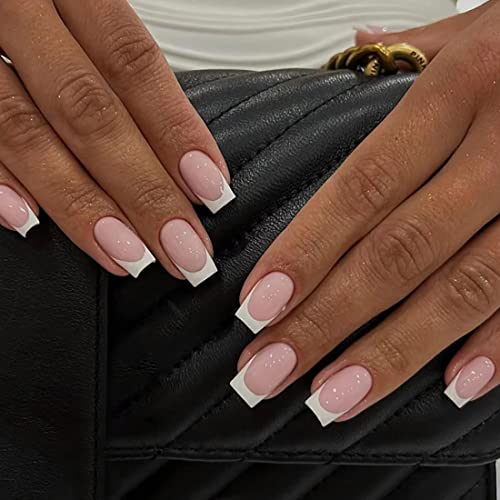 24 Pièces Presse française blanche sur les ongles,Faux ongles roses brillants carrés faux ongles couverture complète bâton sur les ongles pour les femmes et les filles vêtements quotidiens