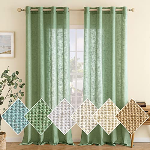 EMEMA Gardinen Vorhänge Leinenvorhang mit Ösen Voile Vorhang Leinenoptik Modern Halbtransparent für Wohnzimmer Dekoschal Kinderzimmer Schlaufenschal Küchengardinen 2er Set 140x215cm (BxH) Grün