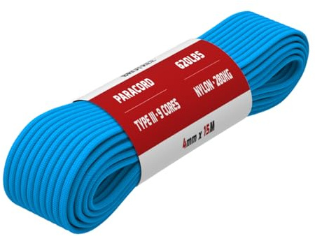 Brotree Paracord 4mm 15M 9 Strands 100% Nylon Rope Type III Parachute Cord | 280kg (620lbs) Breaking Load, used for Bracelets, Camping, Survival, Outdoor, Crafting, DIY