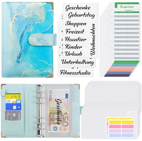 KONVINIT Budget Planner A6 Budget Binder,Budgetplaner mit Folien Deutsch,Ringbuch Finanzplaner mit Geldumschläge,Budgetsheets und Kategorien-Etiketten,Um Geld Sparen,Money organizer,blau
