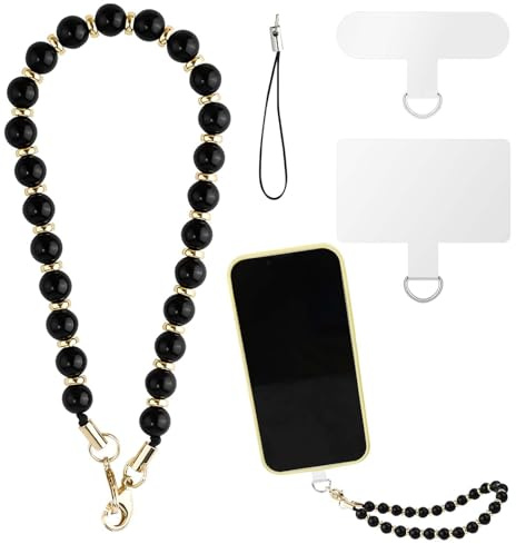LUTER Telefon Lanyard Handy Lanyard Strap, Steinperlen Telefon Handgelenkband mit 2 Stück Haltelaschen, Abnehmbar Handschlaufe Perlen Handykette Perlen Handyanhänger für Frauen Mädchen (Schwarz)