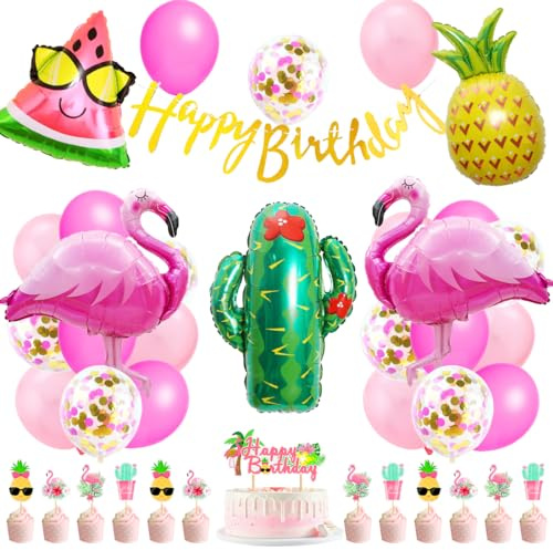 Flamingo Geburtstag Deko Set, Flamingo Foilenballon Party Dekoration, Urlaub Sommer Deko, Ananas Ballon, Happy Birthday Banner mit Tortendeko, Sommerfest Hawaii Style Geburtstagsdeko