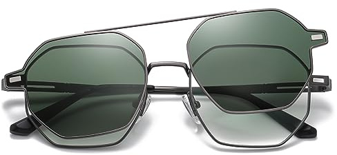 kachawoo Magnetische Gläser Polarisierte Clip-on Sonnenbrille für Männer Frauen UV400 Metall Polygon Brillen Mode (gun with green)