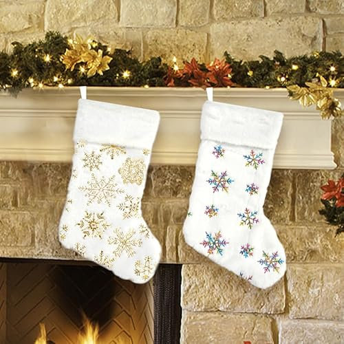 4 Stück Weihnachtsstrumpf 21 * 38cm Nikolausstiefel zum Befüllen Weihnachtsschmuck Plüsch-Schneeflocken Nikolausstrumpf mit Pailletten Hängende Strümpfe für Weihnachtsdeko Kamin Deko-Gold + Bunt