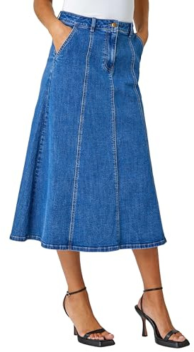 Roman Originals Cotton Denim Panelled Midi Skirt for Women UK - Ladies Everyday Autumn Winter Comfy Soft Evening Vacation Work Party Night Out - Denim - Size 16