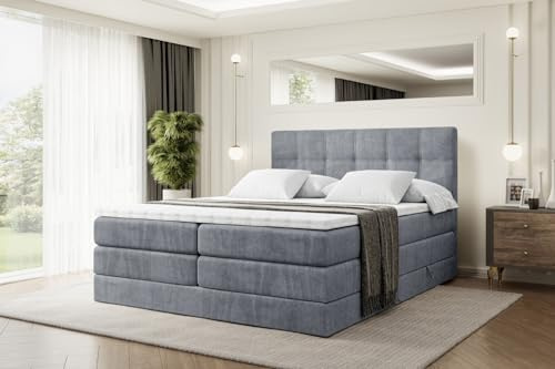 ALTDECOR Boxspringbett mit Matratze und Lattenrost, Topper, Polsterbett mit Bettkasten, Bett mit Stauraum H3- und H4- Matratze, Doppelbett, Springboxbett - Marce King - 180x200 - Grau Samt