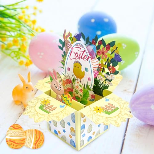 Pop Up Karte Ostern, HappyEaster Ostern Korb Karte, Osterkarten, Lustige 3D Osterkarte als Geldgeschenk oder Gutschein für Kinder Familie und Freunde, Handgemachte Pop Up mit Umschlag (1 Set)