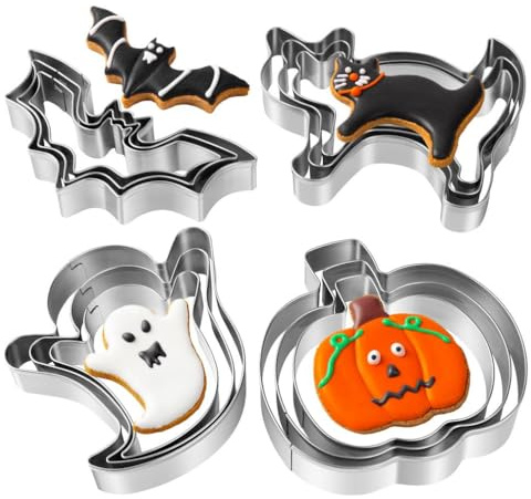 Halloween Cookie Cutters Set - 12 Pieces Stainless Steel Halloween Cookie Cutters Shape,Pumpkin, Ghost, Bat and Cat Cookie Cutter Shapes for Halloween Food Party Decorations