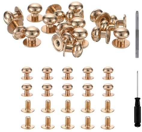 sourcing map 30 Sets Round Head Button Studs Screw 10mm Alloy Leather Rivets with Hollow Punch Screwdriver for Repair and Decorate Fabric Clothing Shoes Bags DIY, Gold