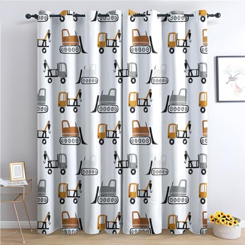 Vorhänge Baufahrzeuge, Verdunkelungsvorhang 2er Set - Vorhang Blickdicht Cartoon Auto Muster, Thermovorhang für Deko Wohnzimmer Schlafzimmer Kinderzimmer, Gardinen mit Ösen 160x132 cm (HxB) (GJ-&291)