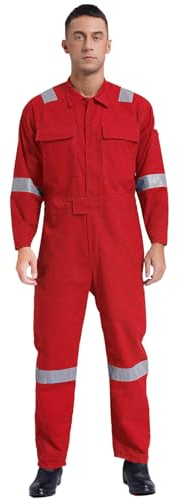 renvena Herren Arbeitsoverall Baumwolle Arbeitsanzug Einteiler Jumpsuit Overall mit Reflektierender Streifen Blaumann Arbeitskleidung Rot XXL