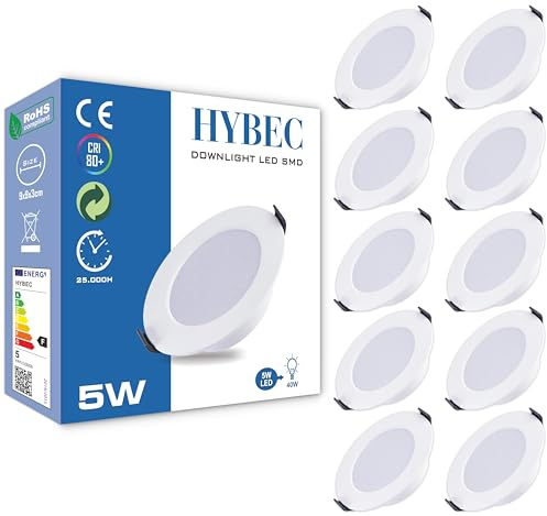 HYBEC - Spot LED Encastrable 68mm, Trou 60mm, 55mm, Petit, 5W Blanc, Diamètre 60 mm (Pack de 10)